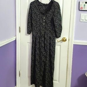 Dawn Joy Vintage 70s Black Ditsy Floral Dropped Waist Culotte Jumpsuit L